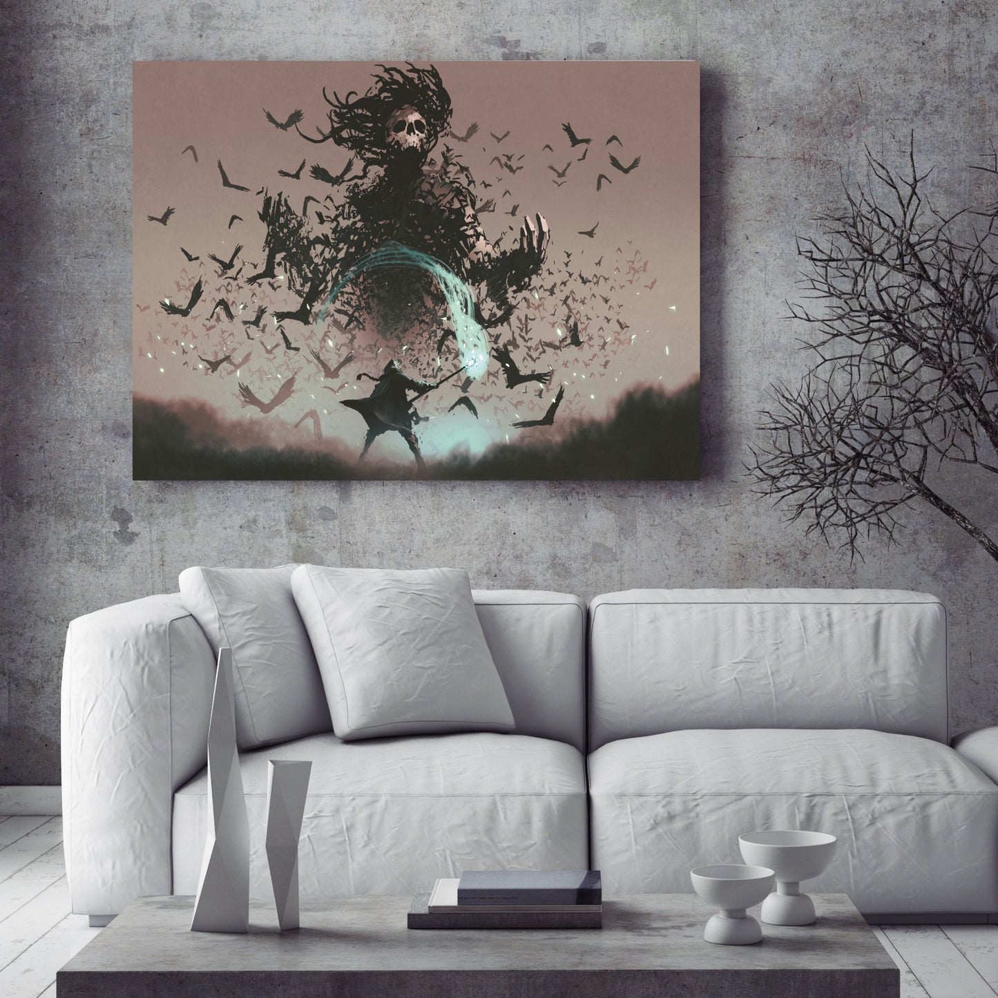 Fight scene of the man with magic wizard staff and the devil of crows