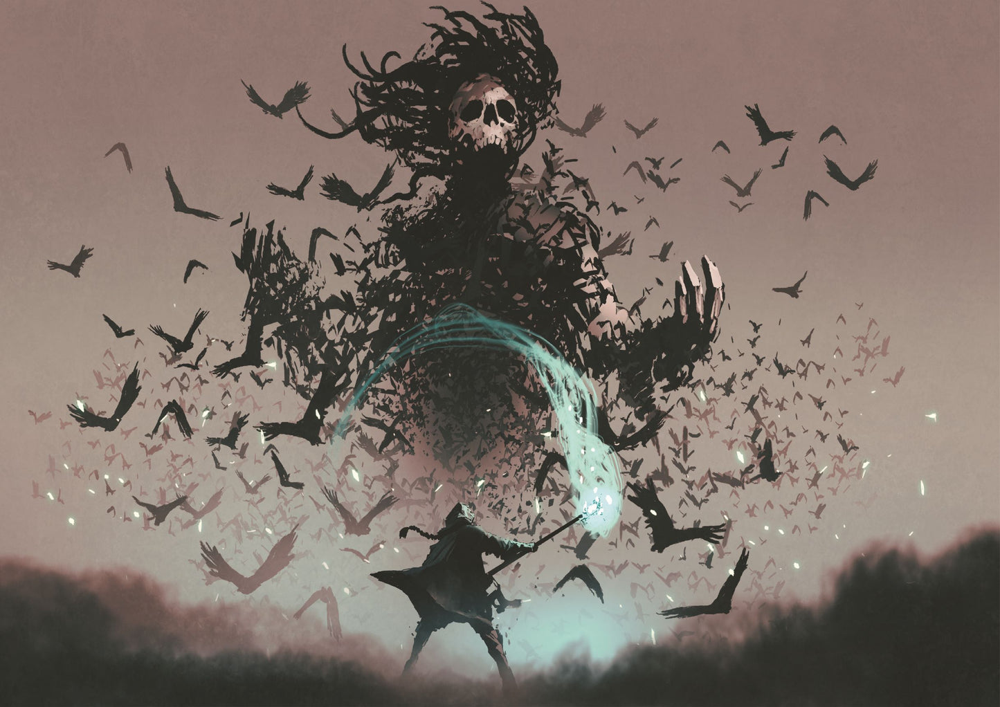 Fight scene of the man with magic wizard staff and the devil of crows