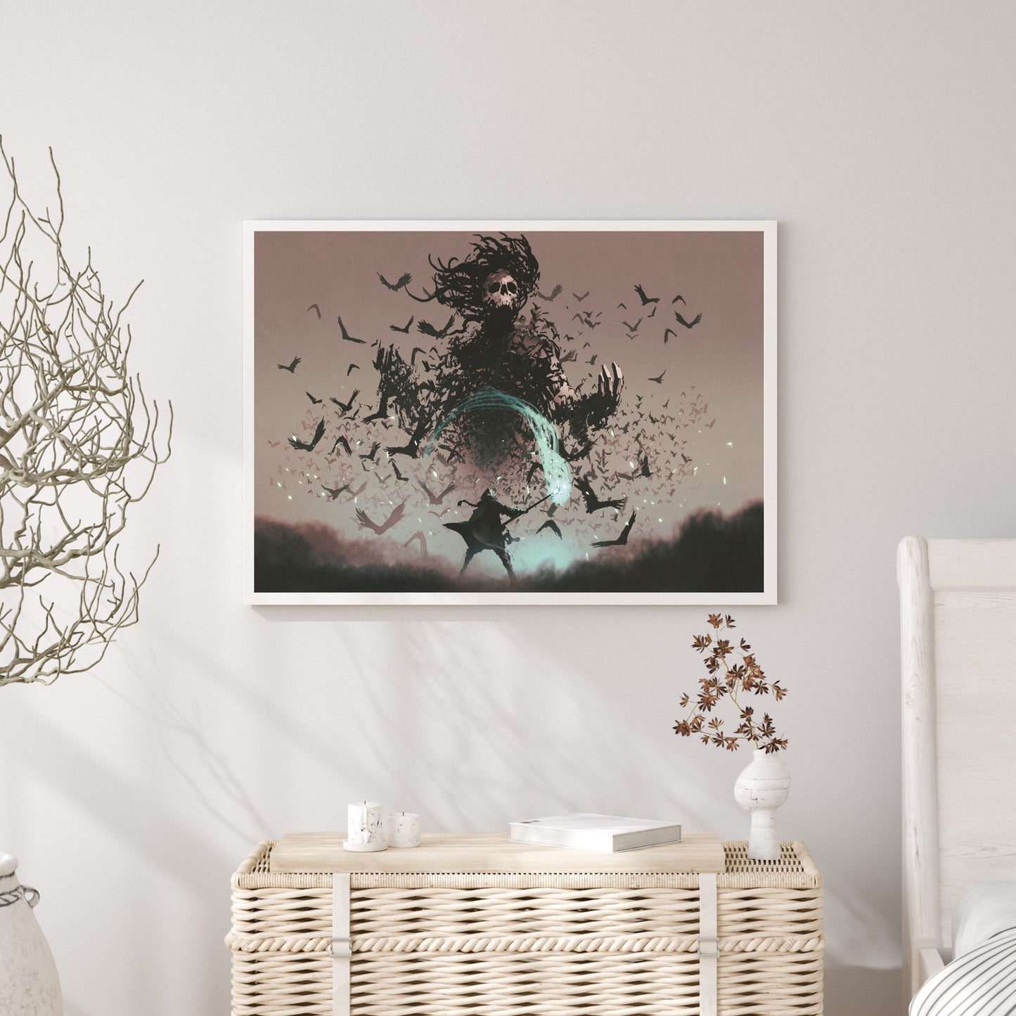 Fight scene of the man with magic wizard staff and the devil of crows