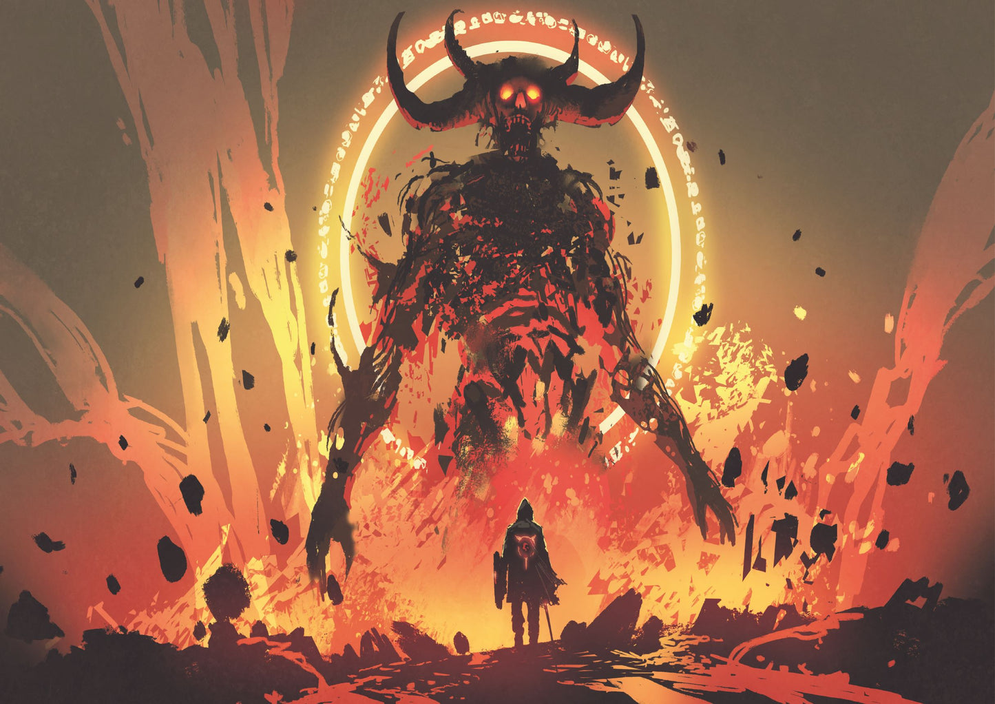 Knight with a sword facing the lava demon in hell