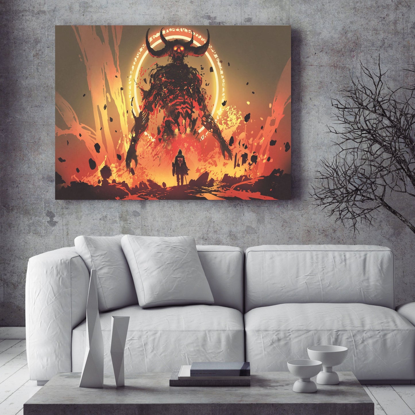 Knight with a sword facing the lava demon in hell