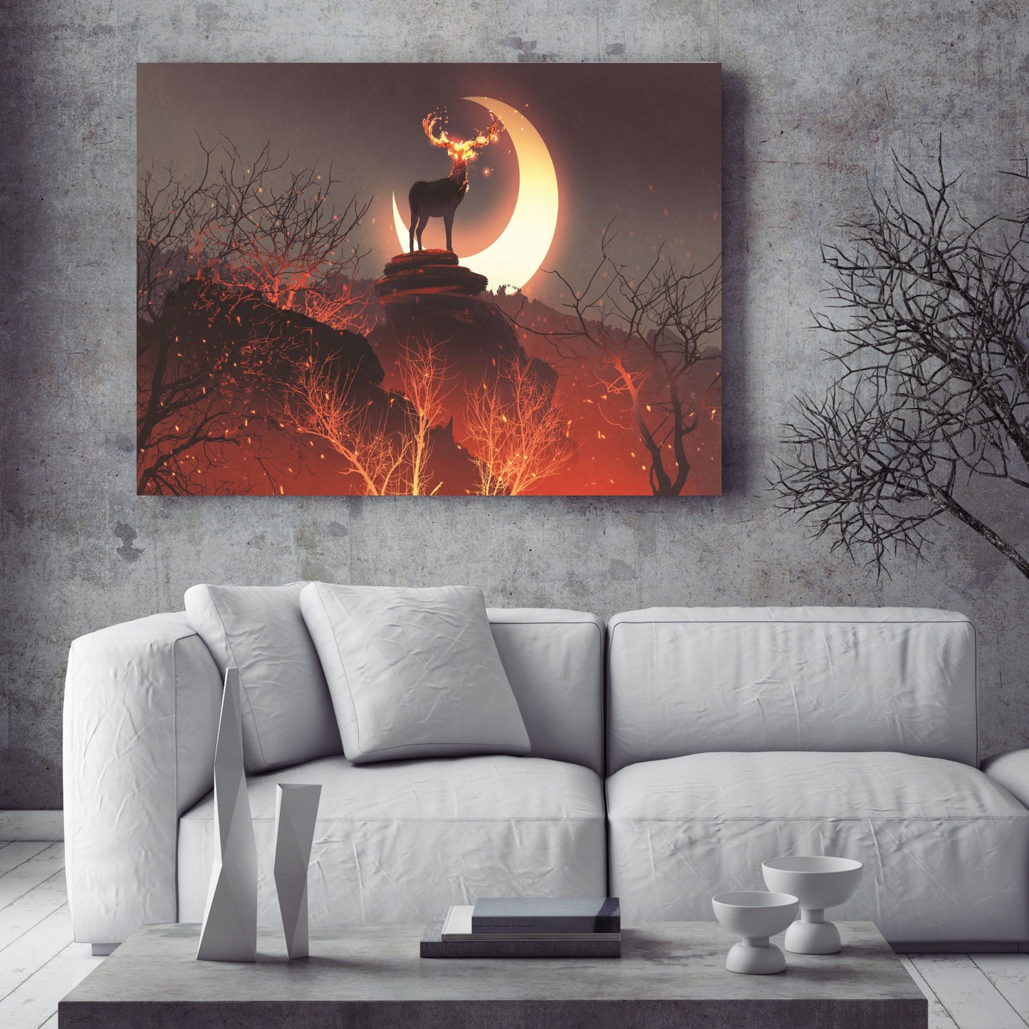 The deer with its fire horns standing on rocks in forest fire