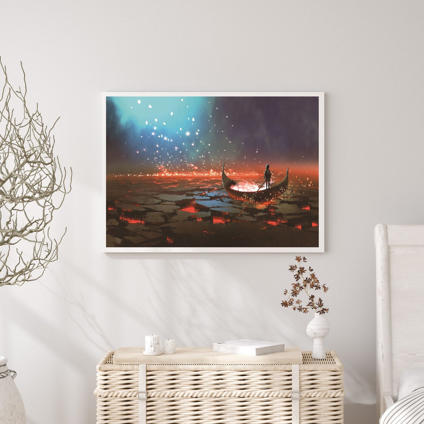 Fantasy world scenery showing a boy rowing a boat in the land of volcanic, digital art style