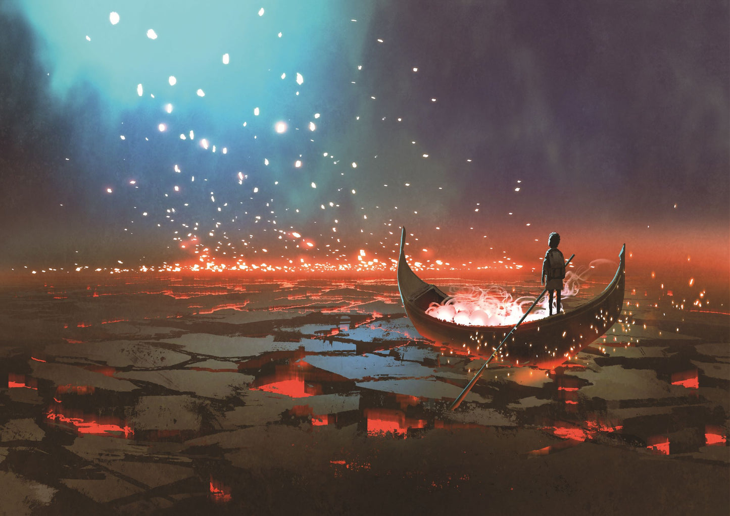 Fantasy world scenery showing a boy rowing a boat in the land of volcanic, digital art style