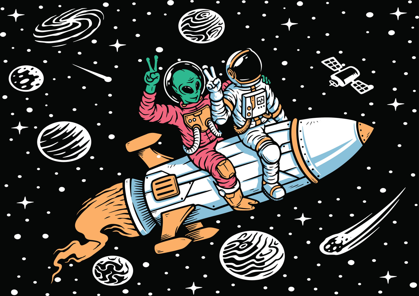 Astronaut and an Alien riding a rocket together