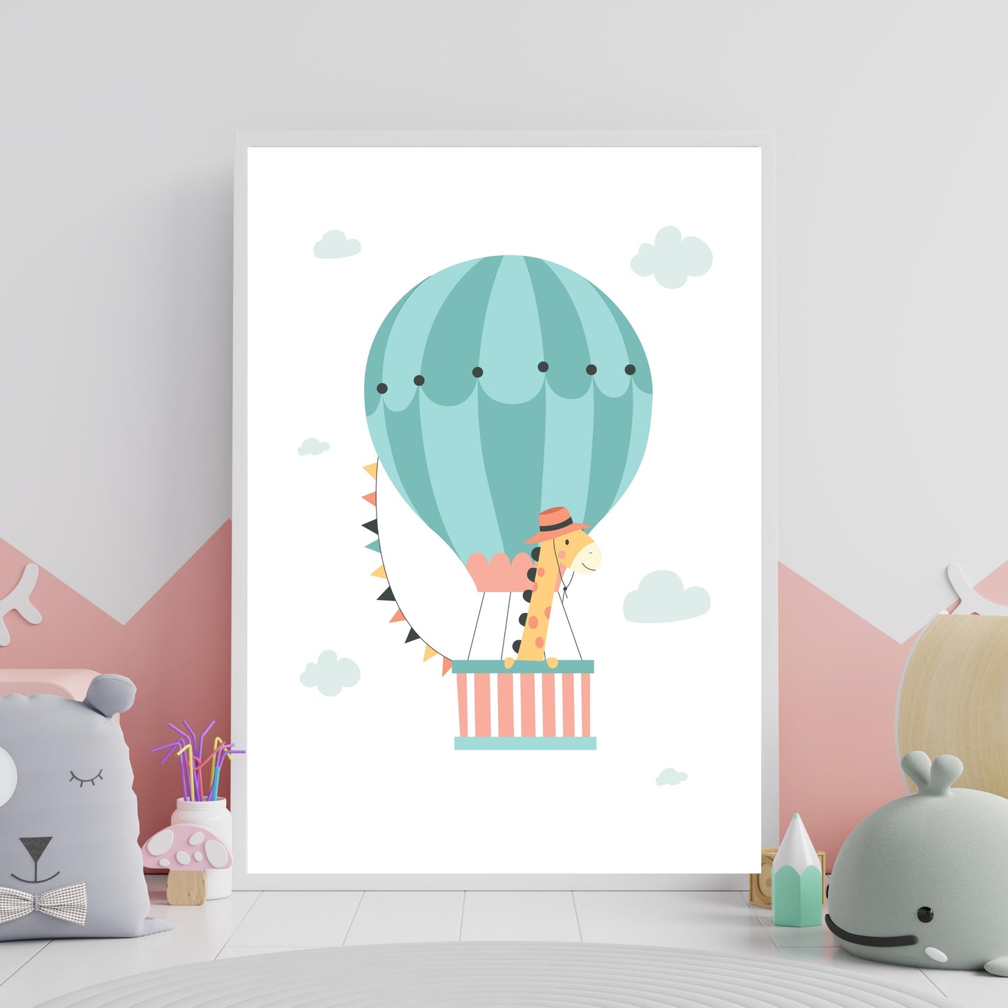 Giraffe in a hot air balloon