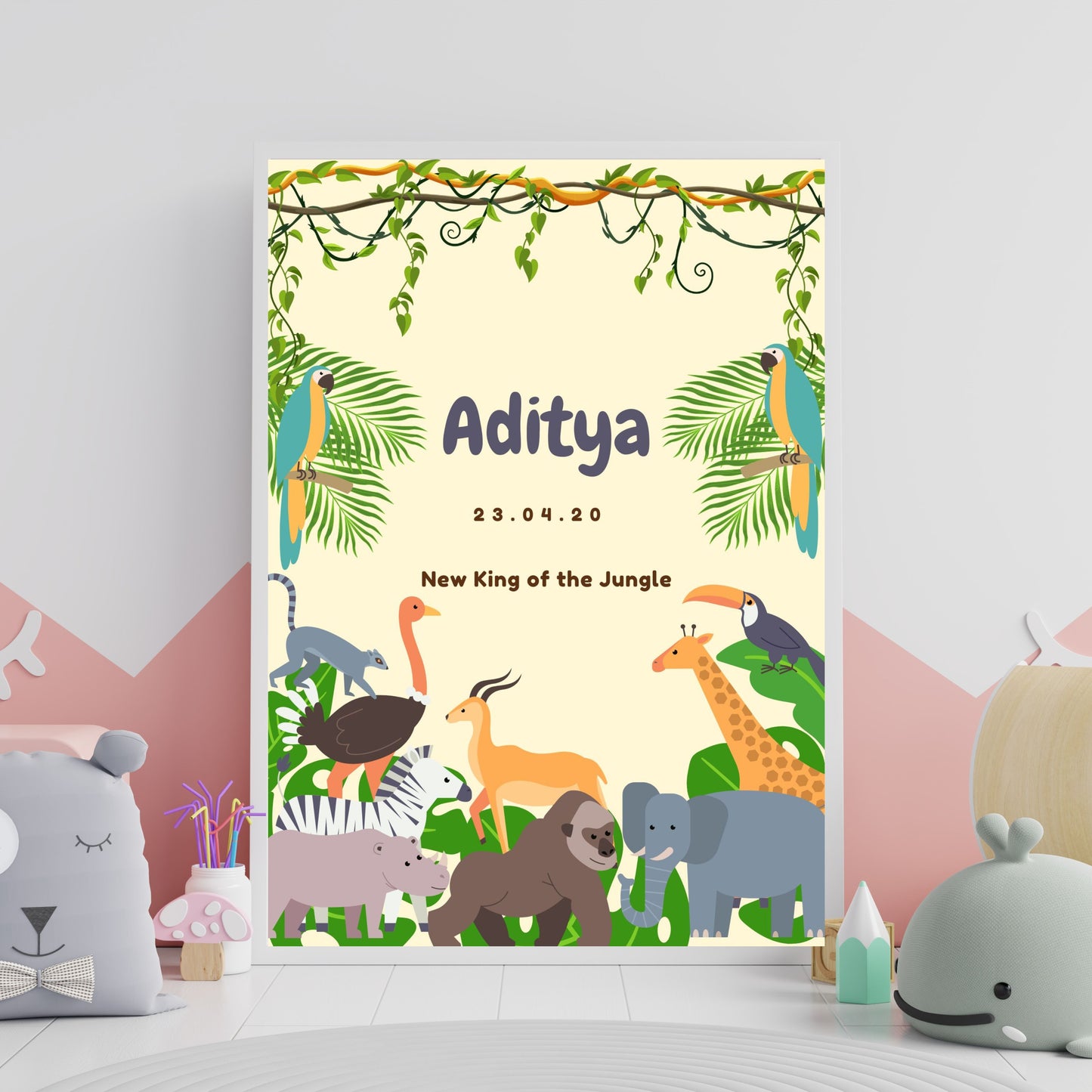 Personalized Jungle Themed Nursery Poster - Name, DOB and Tagline
