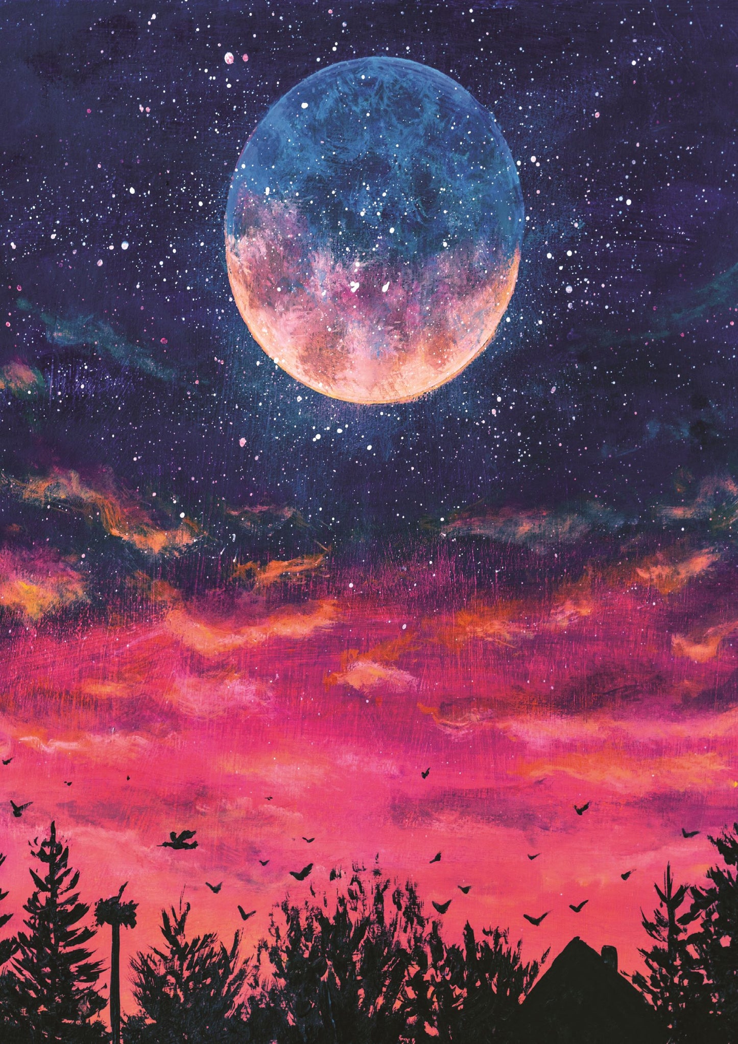 Fantastic oil painting big planet moon over the night city