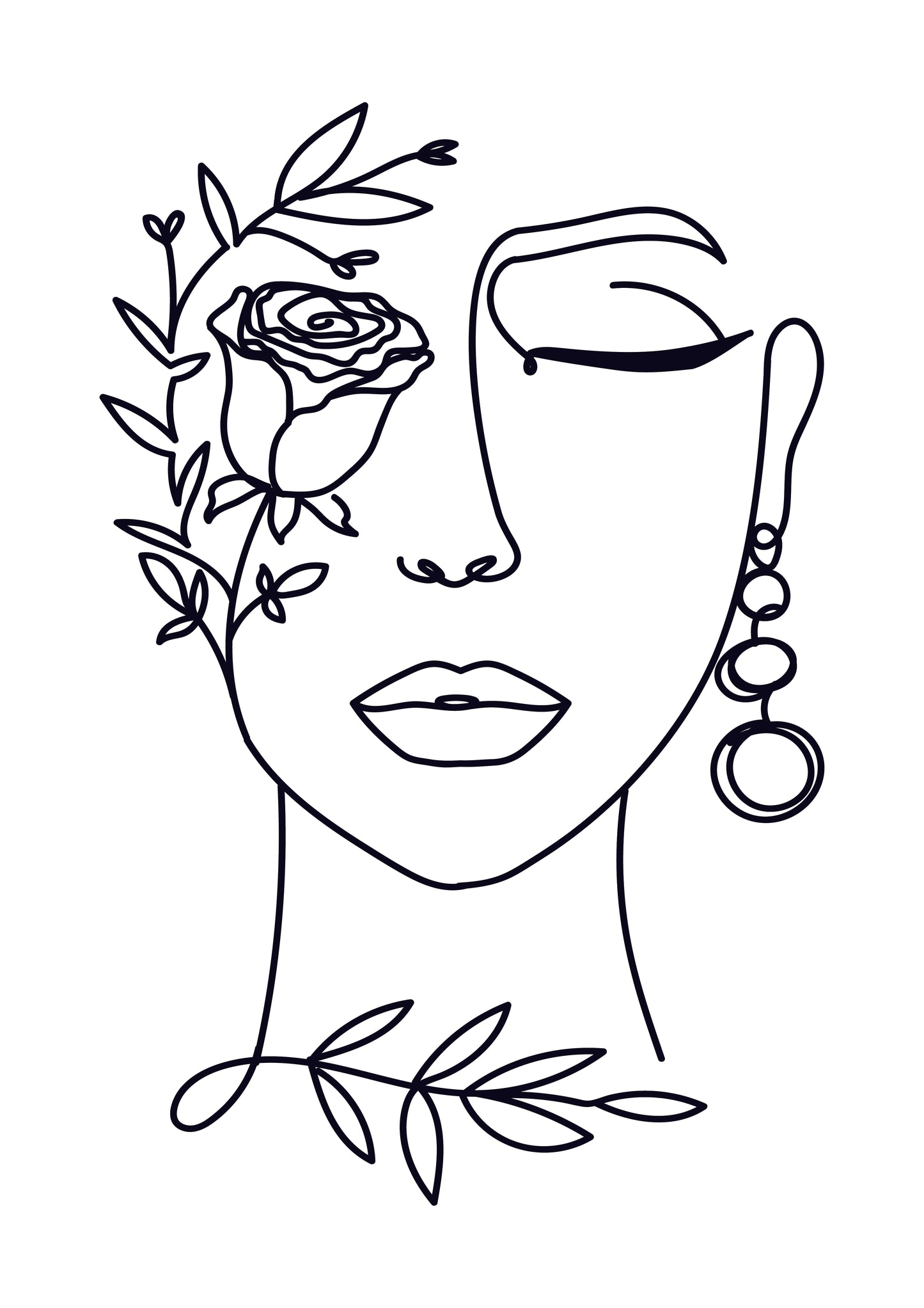 Elegant woman face in one line art style with flowers
