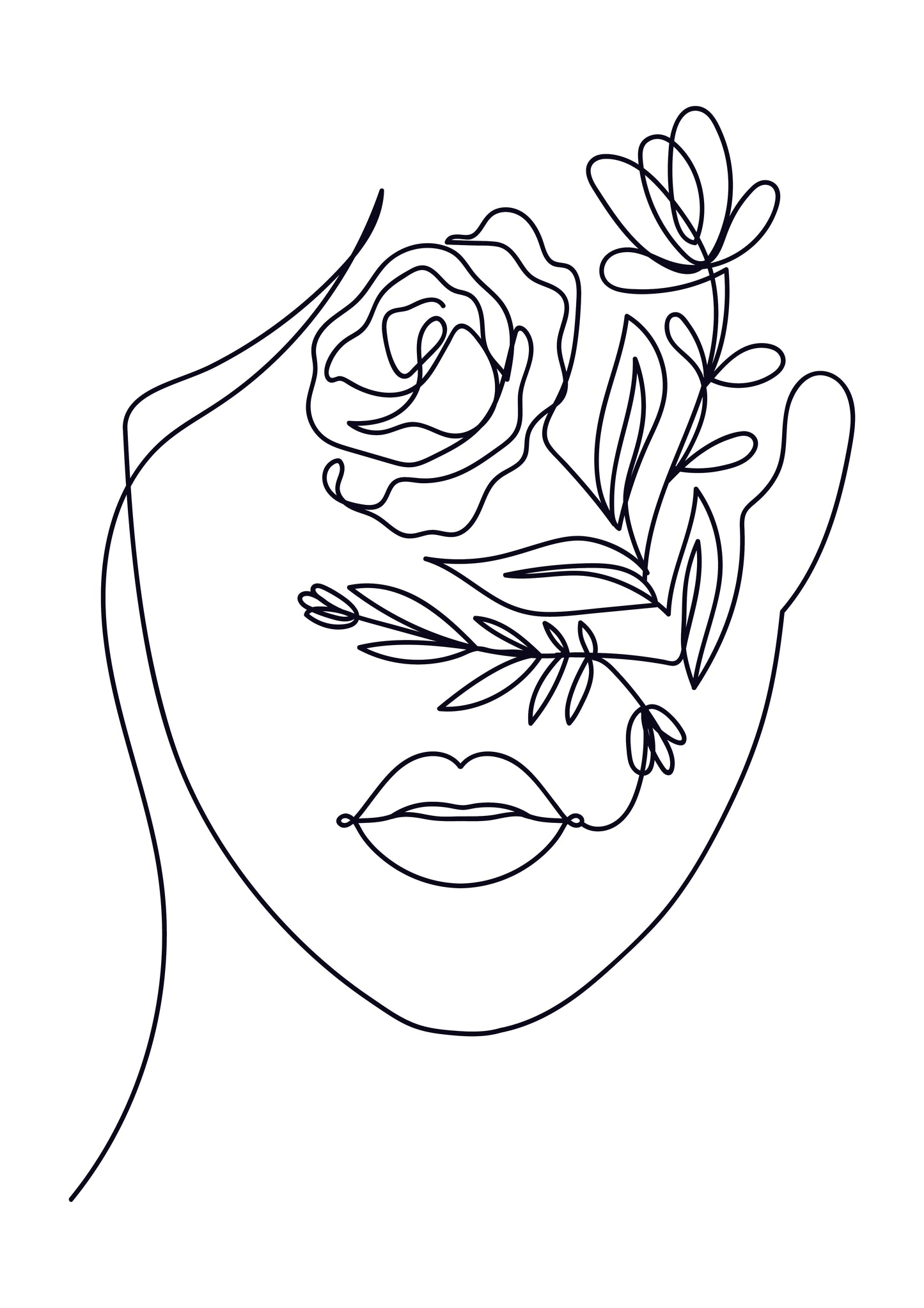 Elegant woman face in one line art style with flowers
