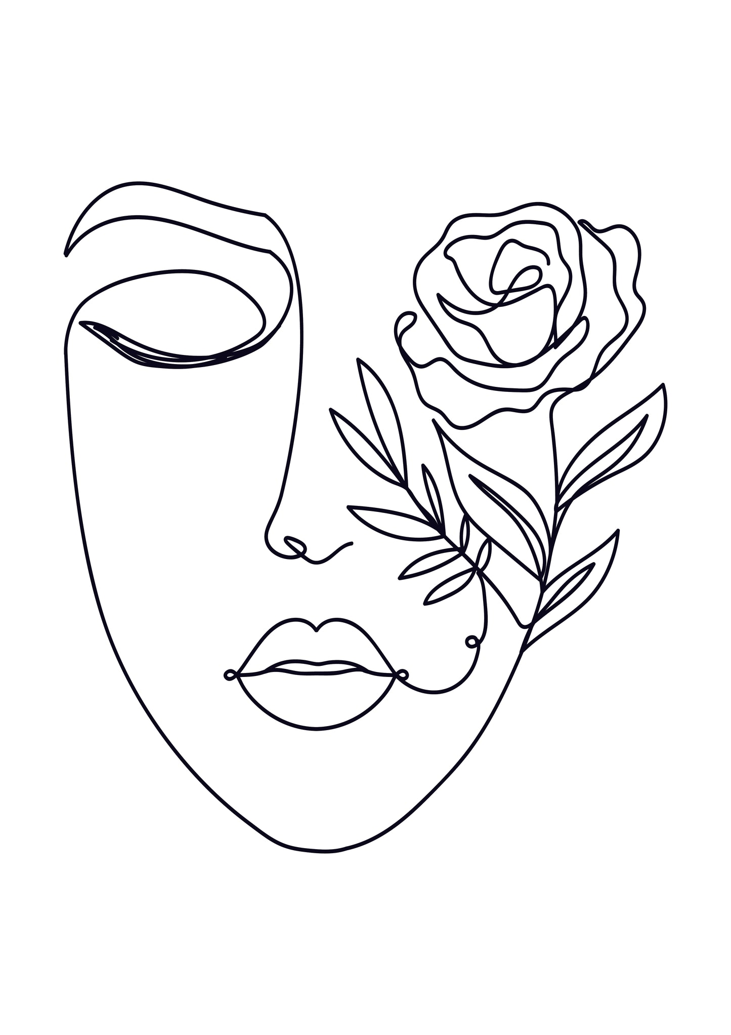 Elegant woman face in one line art style with flowers