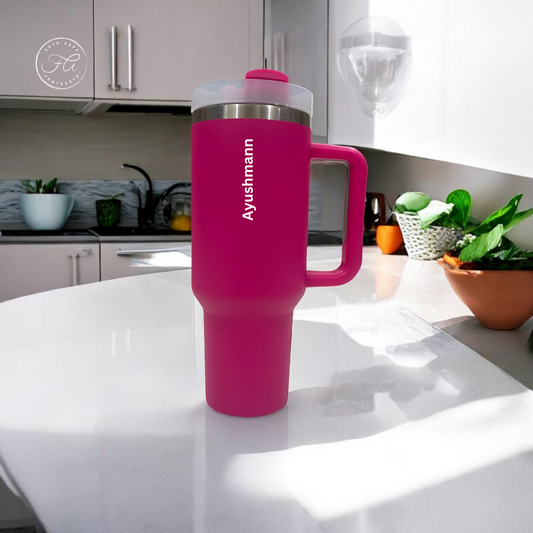 CLINK - [Personalised] 1.2L Stainless Steel Tumbler with Handle Straw & Lid - Fuchsia Rose Color