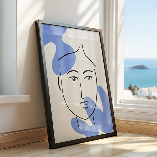 Minimalist Face Line Art – Blue Abstract Accents