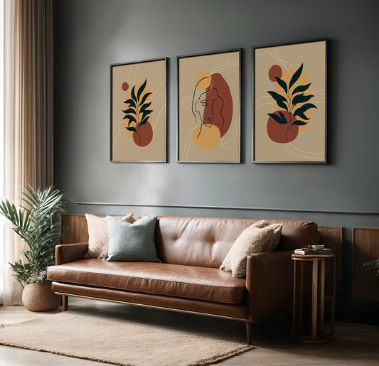 Organic Soul: A Curated Set of 3 Abstract Botanical & Line Art Prints