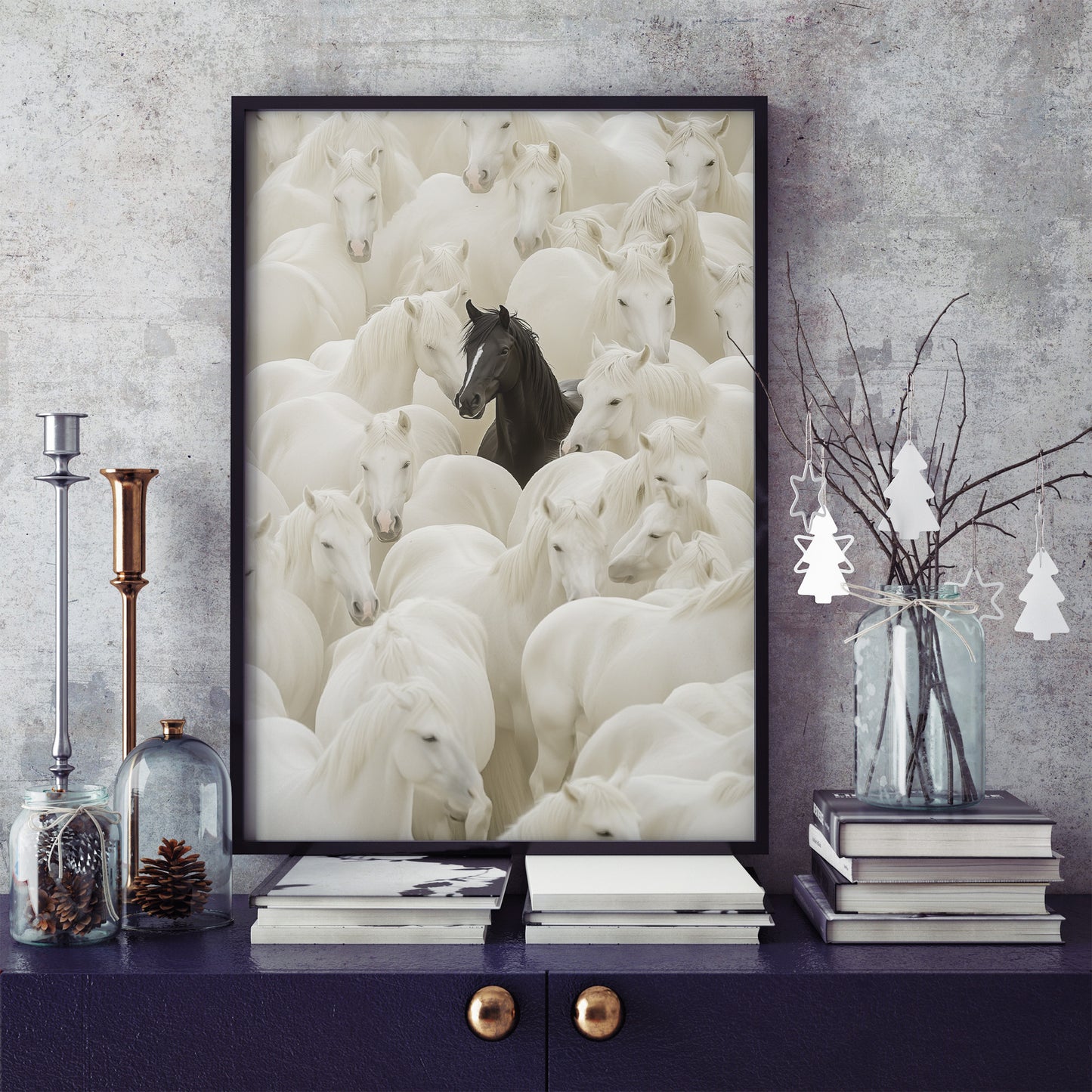 Stand Out – Black Horse in a Sea of White Poster