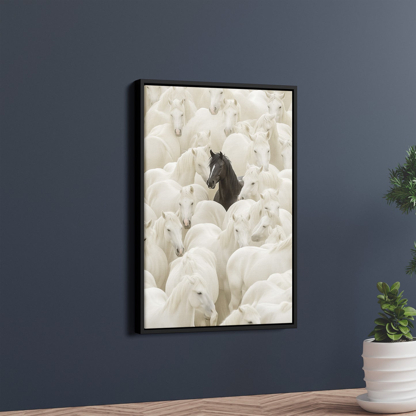 Stand Out – Black Horse in a Sea of White Poster