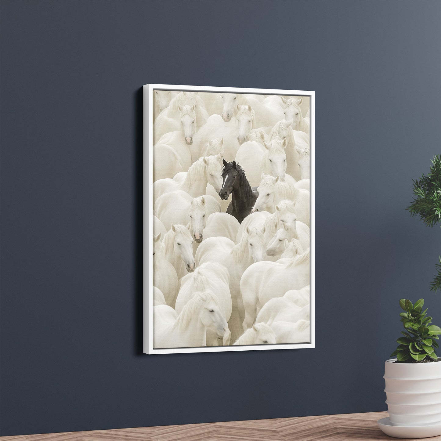 Stand Out – Black Horse in a Sea of White Poster