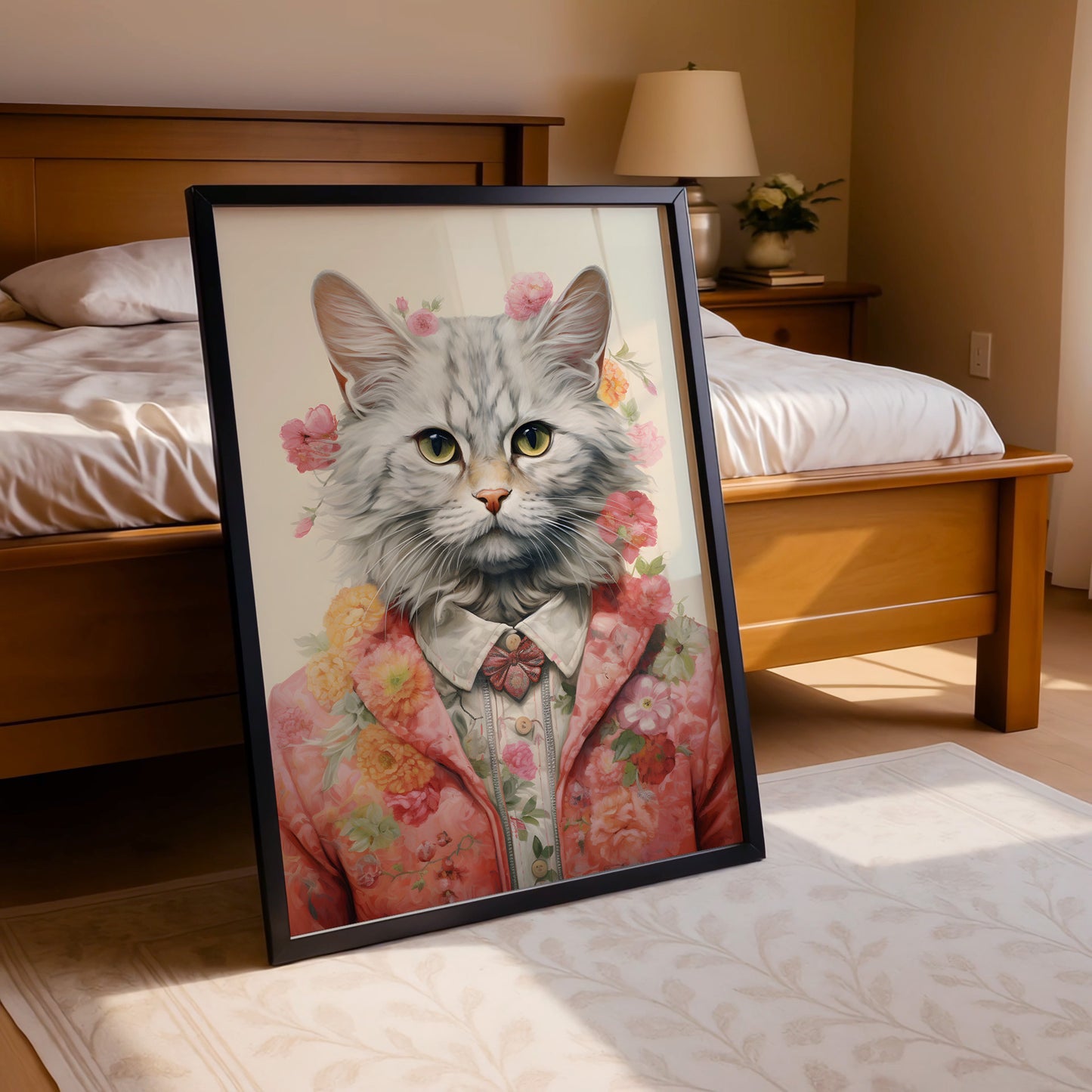 Elegant Cat in Blossoms – Whimsical Portrait Art