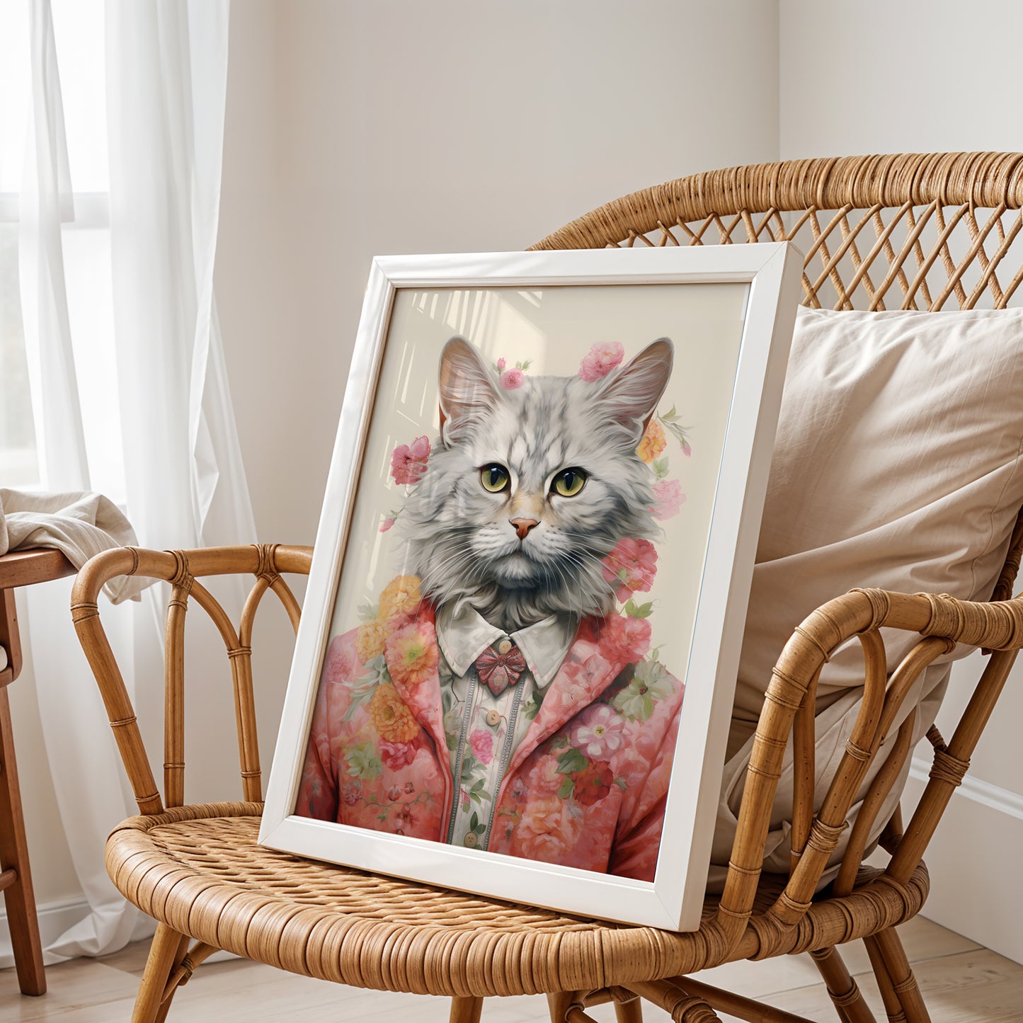 Elegant Cat in Blossoms – Whimsical Portrait Art