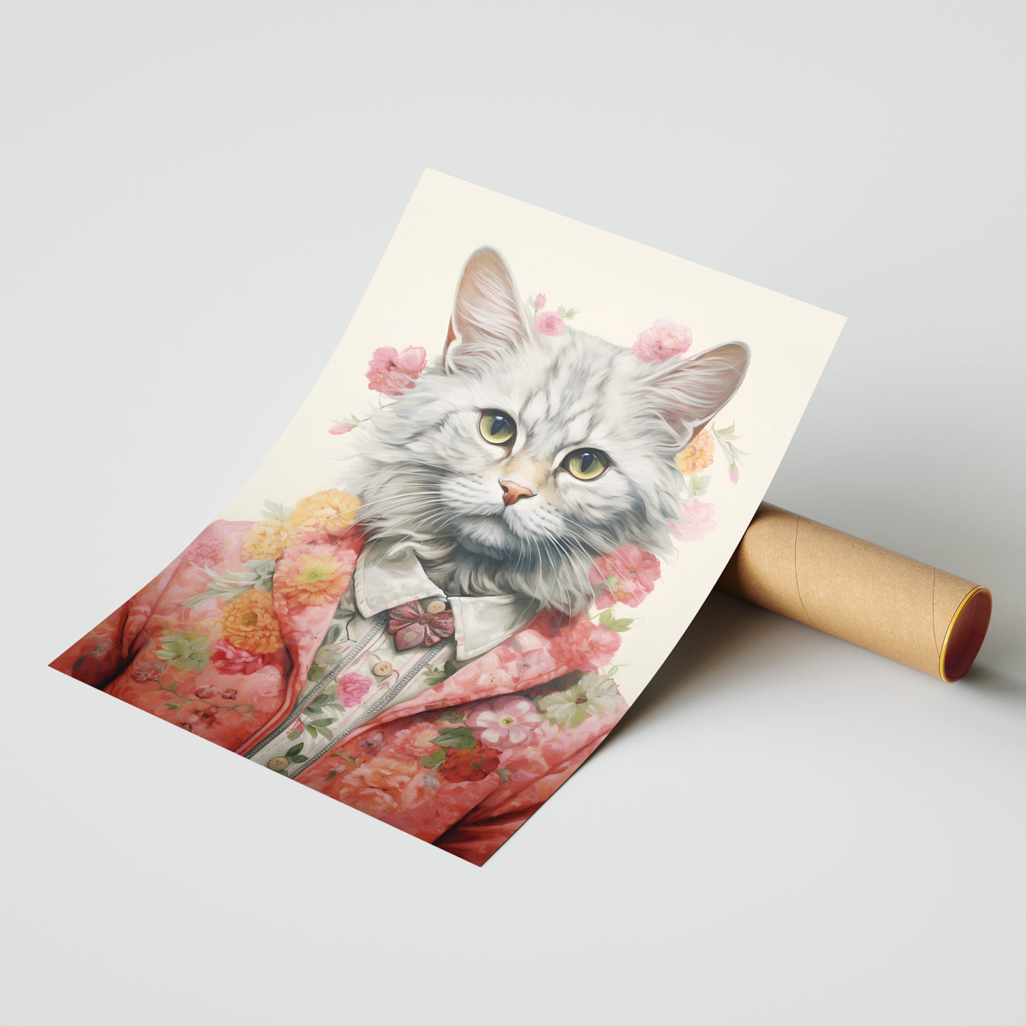 Elegant Cat in Blossoms – Whimsical Portrait Art