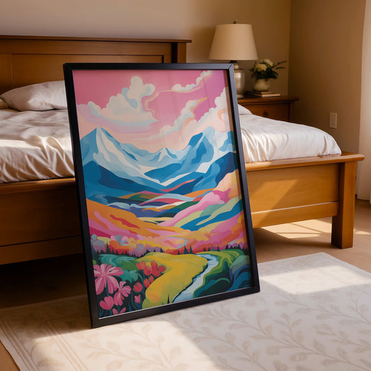 Candy-Colored Valley – Whimsical Alpine Landscape Art