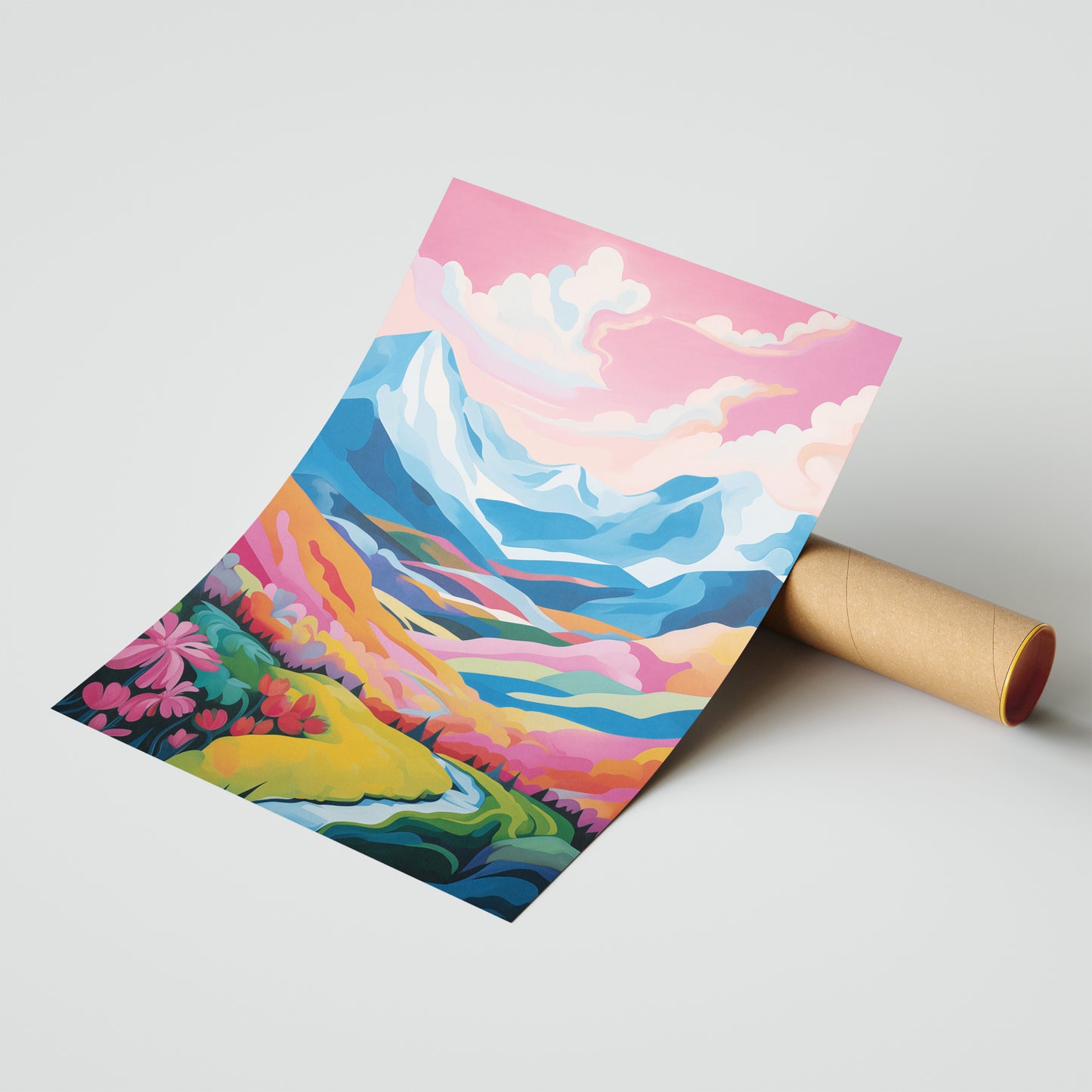 Candy-Colored Valley – Whimsical Alpine Landscape Art
