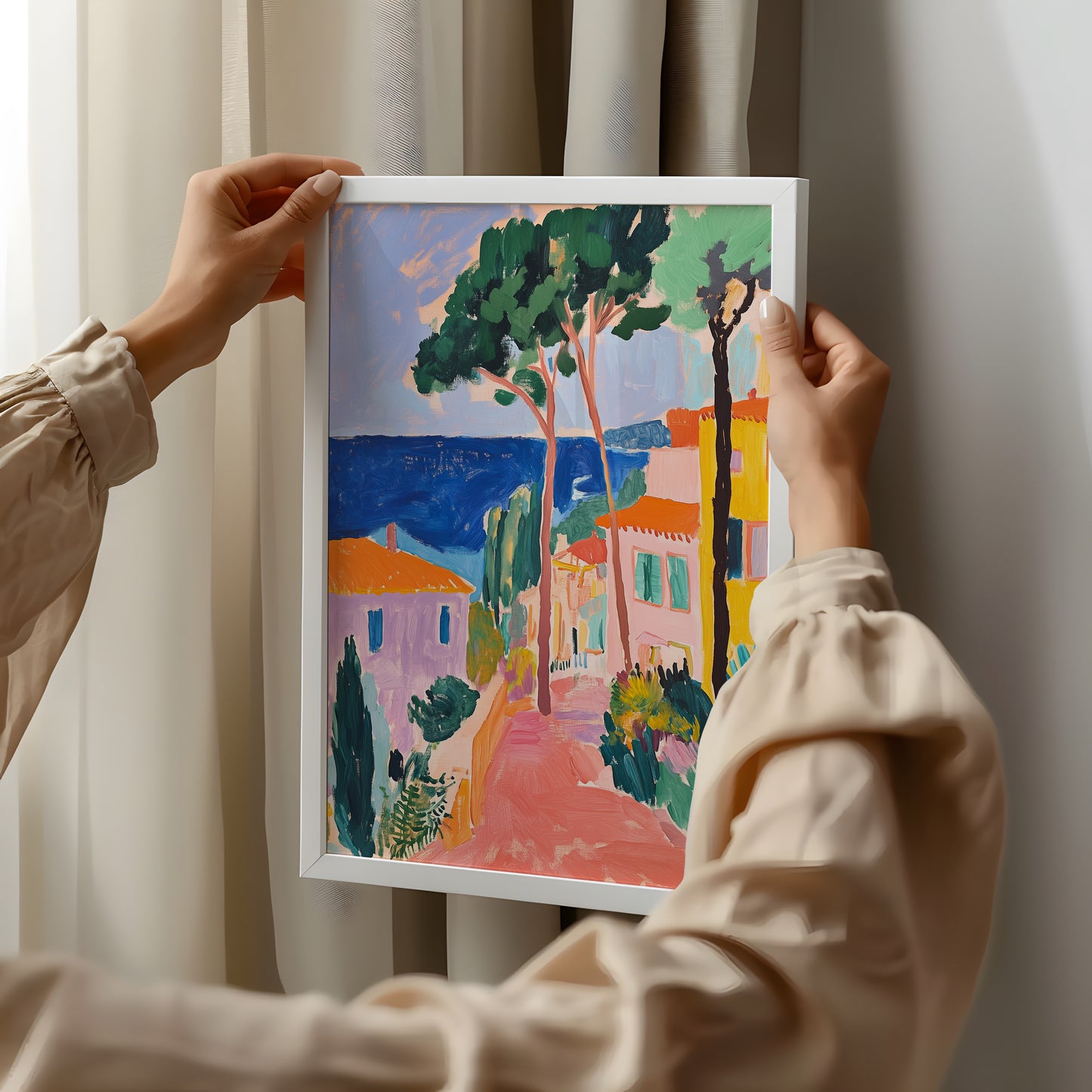 Mediterranean Dream: Sunlit Coastal Village Art Poster