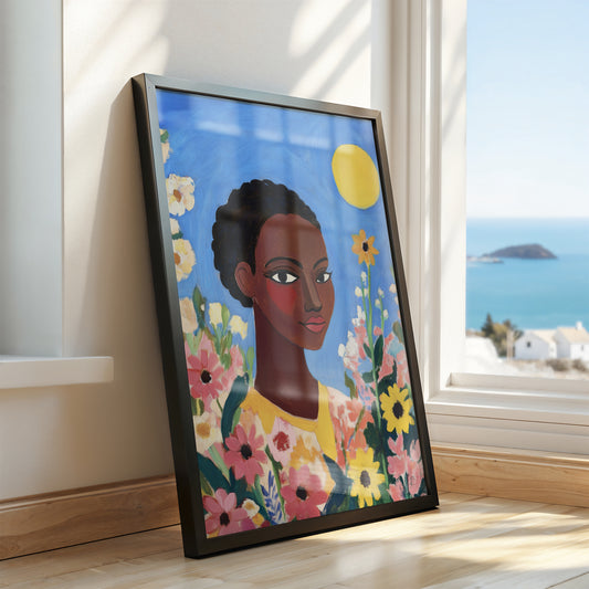 Golden Sun Muse: Floral Portrait Art Poster