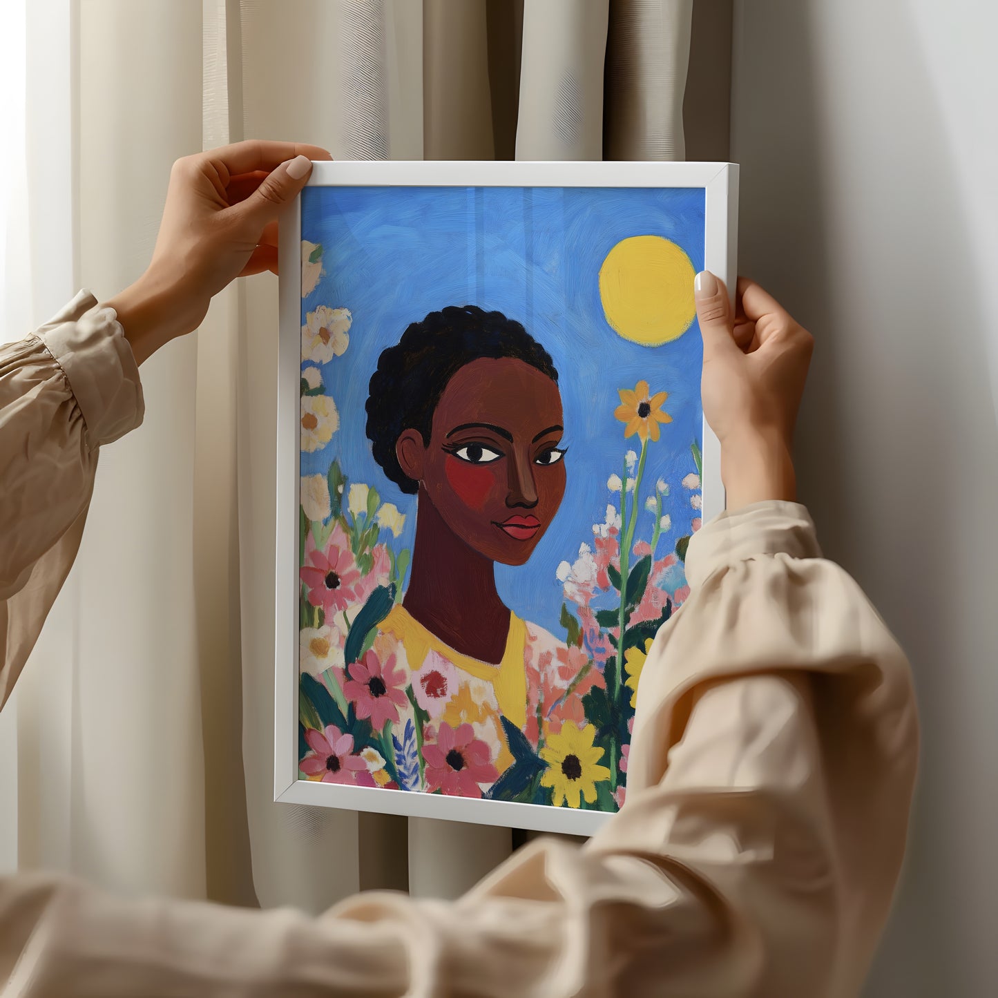 Golden Sun Muse: Floral Portrait Art Poster