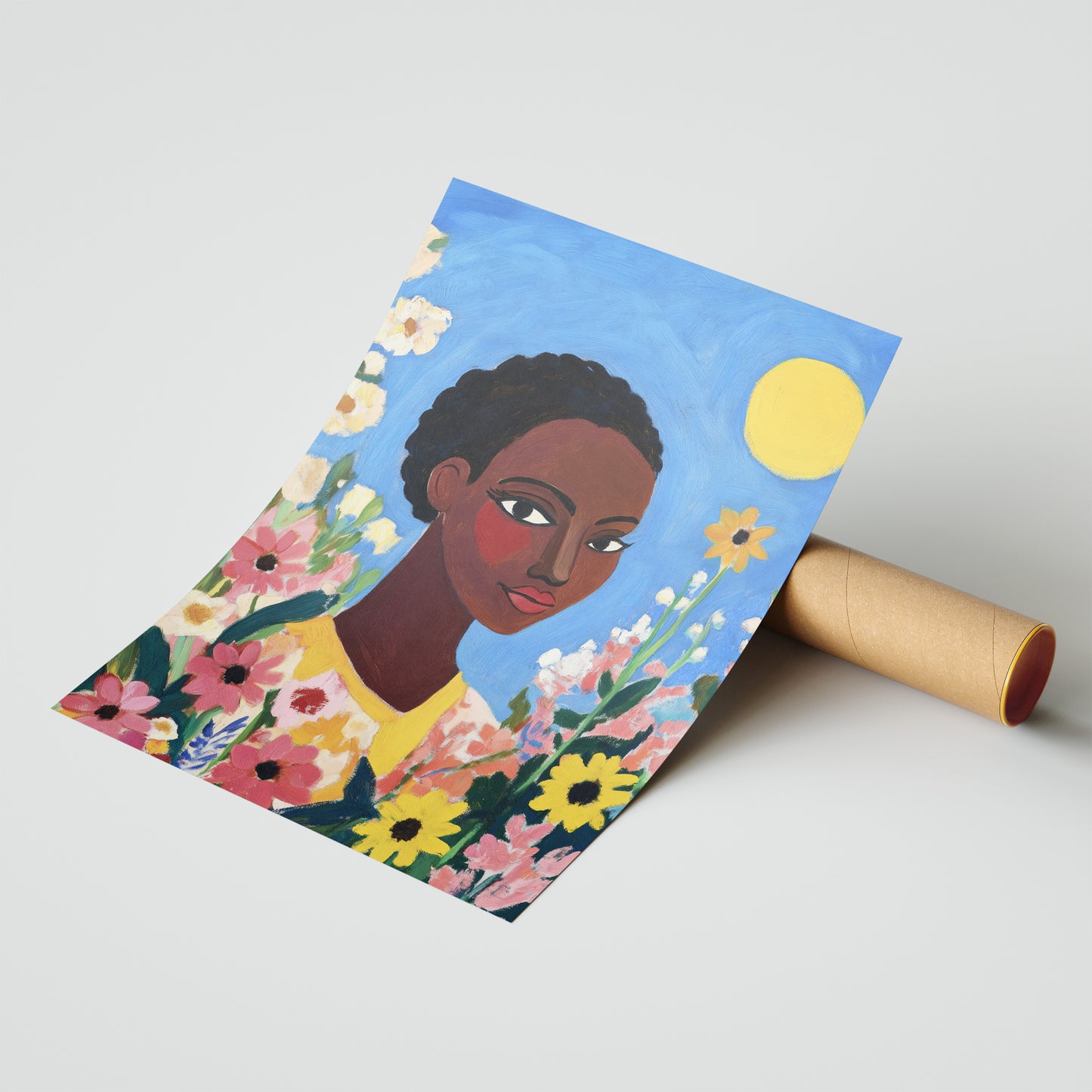 Golden Sun Muse: Floral Portrait Art Poster