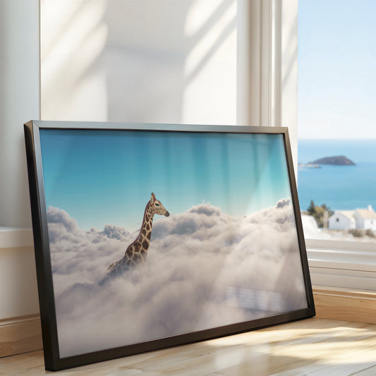 Sky High Dreams: Giraffe Above the Clouds Surreal Art Poster