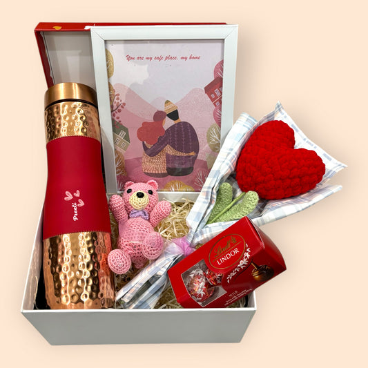 Valentine's Day Gift Hamper for Her – Personalized Copper Bottle, Crochet Teddy, Heart Bouquet & Lindt Chocolate