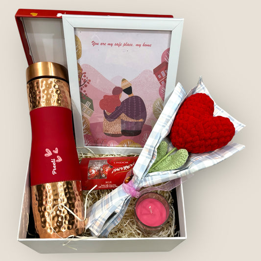 Valentine's Day Gift Hamper for Her – Personalized Copper Bottle, Heart Bouquet, Scented Candle & Lindt Chocolate