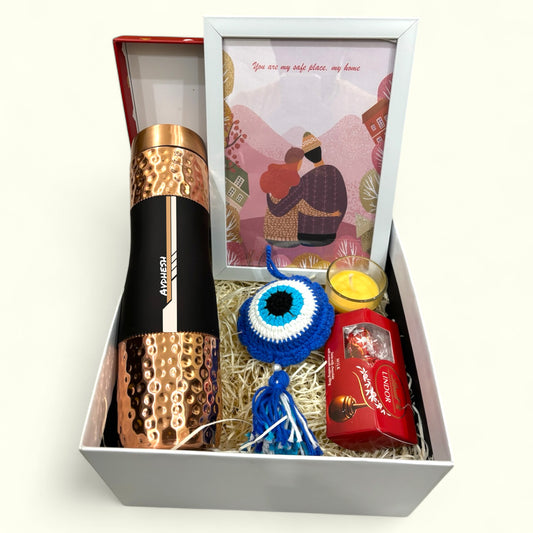 Valentine's Day Gift Hamper for Him – Personalized Copper Bottle, Evil Eye Charm, Scented Candle & Lindt Chocolate