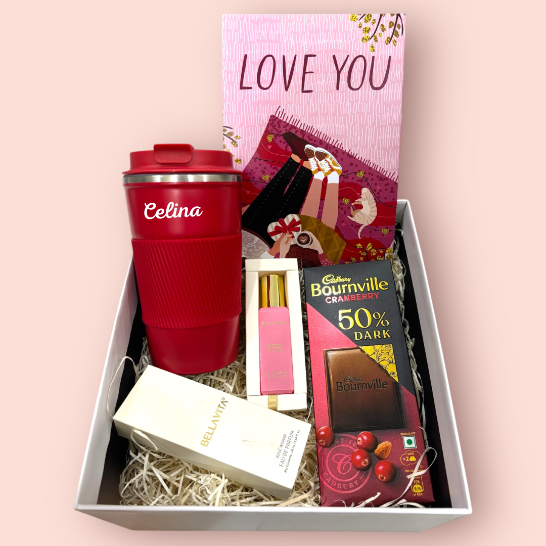 Valentine's Day Gift Hamper for Her – Personalized Tumbler, Perfume, Chocolate & Love Card