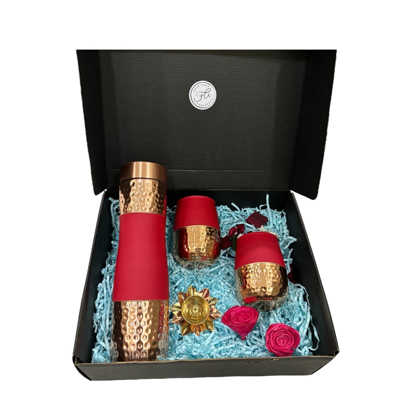 Crimson Copper Bottle Diwali Gift Set with Glasses & Brass Diya - Perfect Festive Gift for Family & Friends