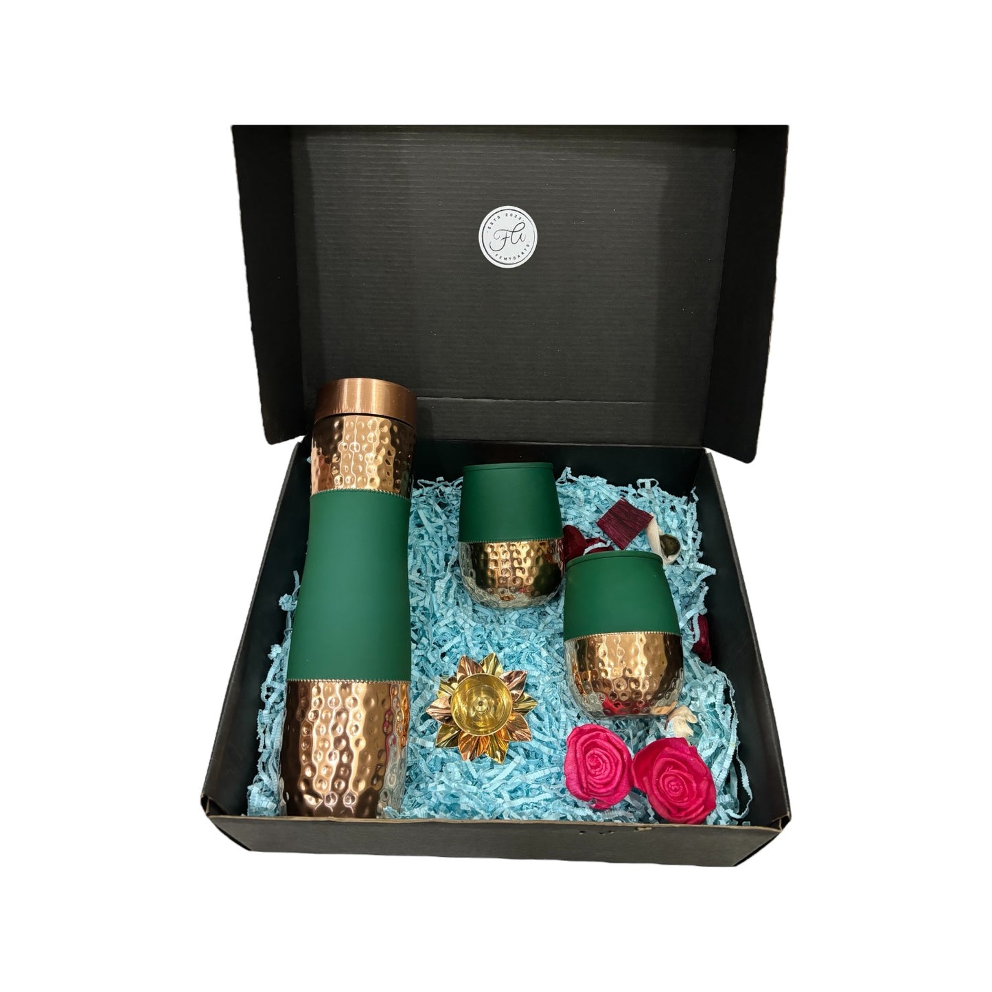 Velvet Green Copper Bottle Diwali Gift Set with Glasses & Brass Diya - Perfect Festive Gift for Family & Friends