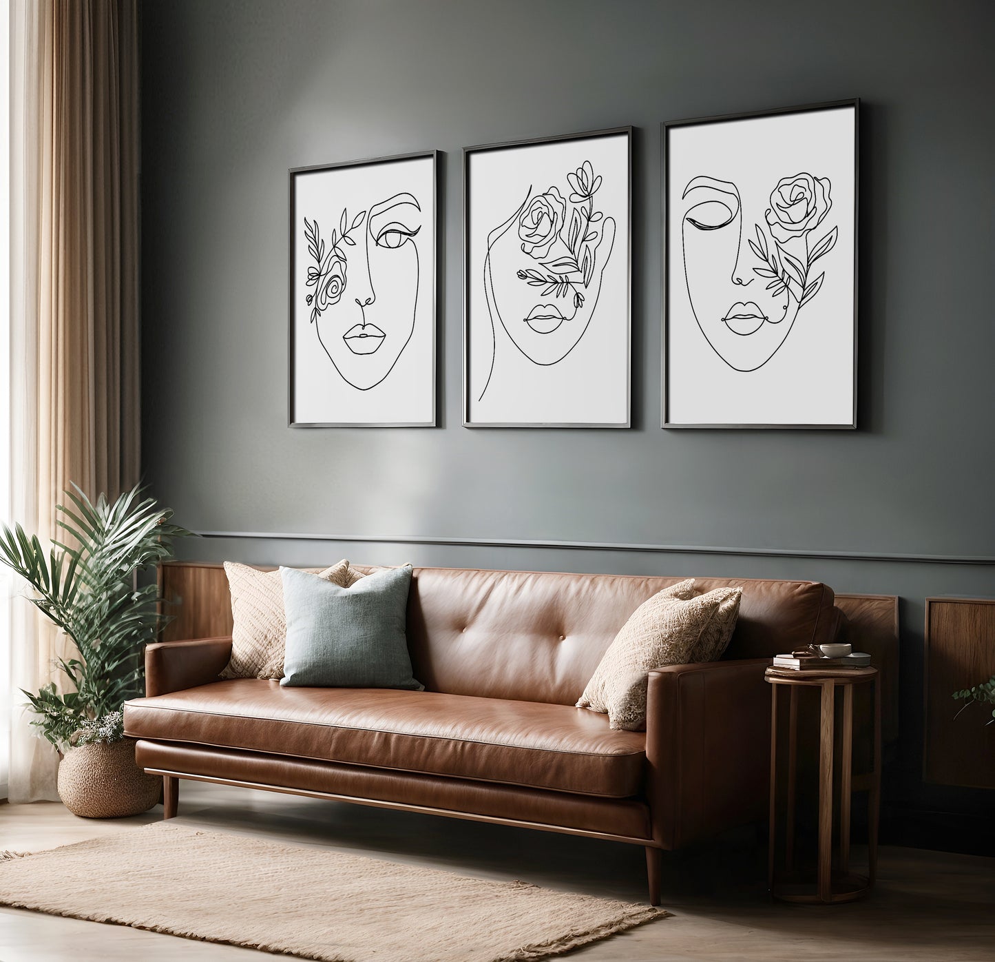 Floral Muse: Modern Feminine Line Art Faces – Trio Wall Art Set