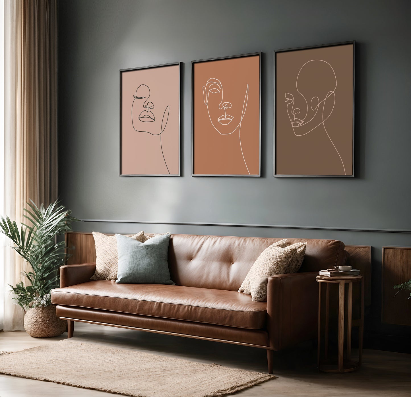 Terracotta Muse: Minimalist Abstract Face Line Art Trio – Wall Art Set