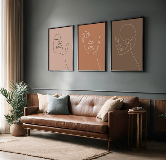 Terracotta Muse: Minimalist Abstract Face Line Art Trio – Wall Art Set