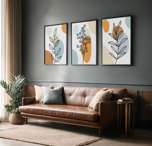 Earthy Elegance: Minimalist Abstract Floral Trio – Wall Art Set of 3