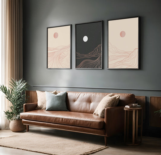 Celestial Dunes: Minimalist Abstract Landscape Trio – Wall Art Set