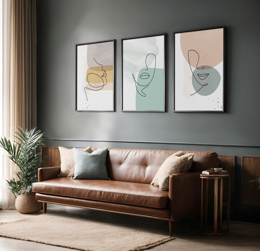 Pastel Visage: Minimalist Abstract Face Trio – Wall Art Set