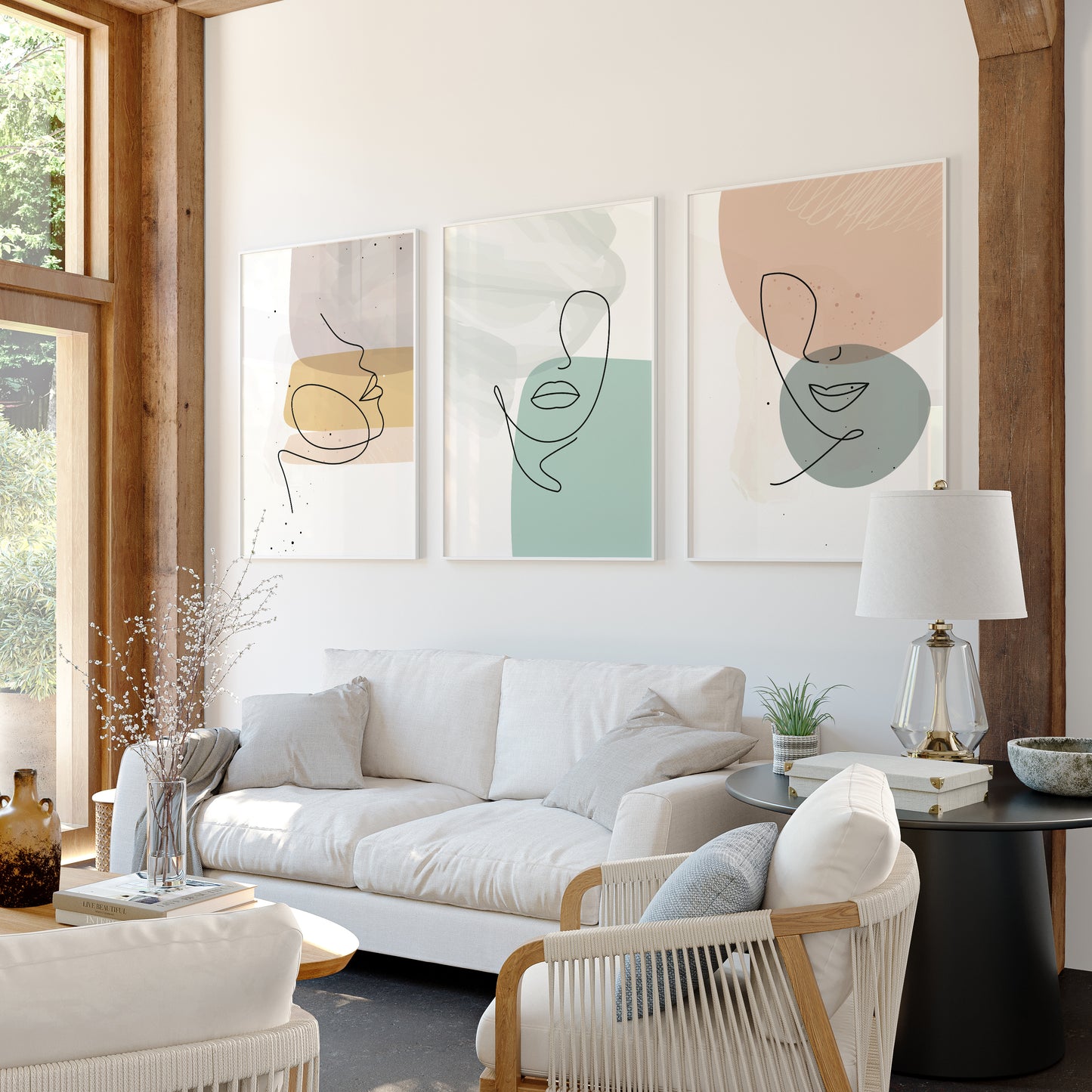 Pastel Visage: Minimalist Abstract Face Trio – Wall Art Set