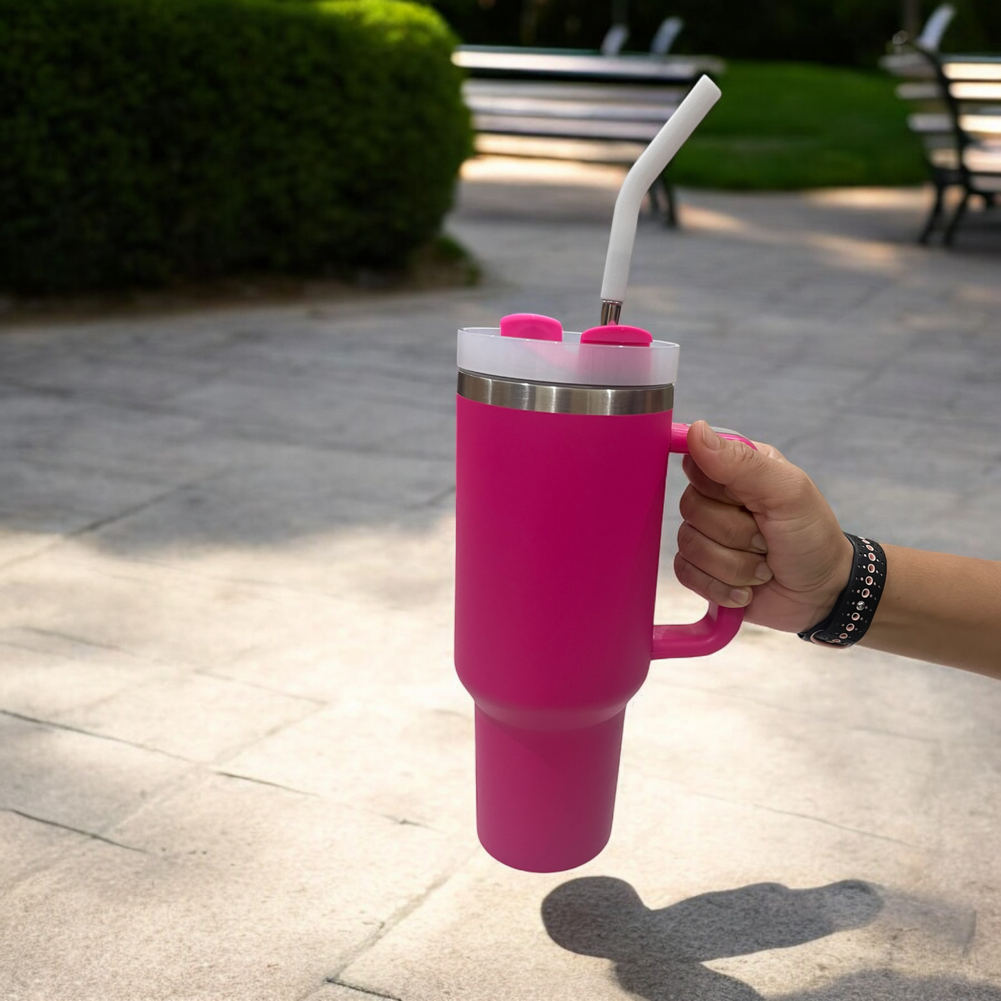 CLINK - [Personalised] 1.2L Stainless Steel Tumbler with Handle Straw & Lid - Fuchsia Rose Color