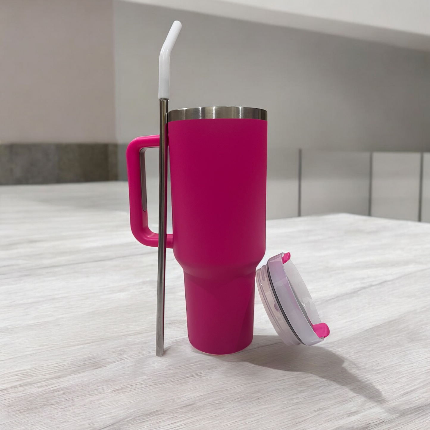 CLINK - [Personalised] 1.2L Stainless Steel Tumbler with Handle Straw & Lid - Fuchsia Rose Color