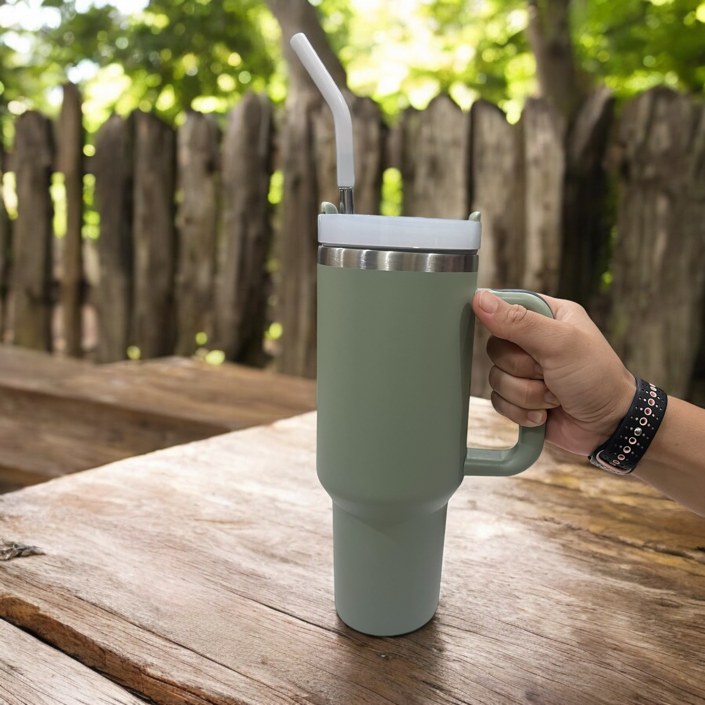 CLINK - [Personalised] 1.2L Stainless Steel Tumbler with Handle Straw & Lid - Olive Mist Color