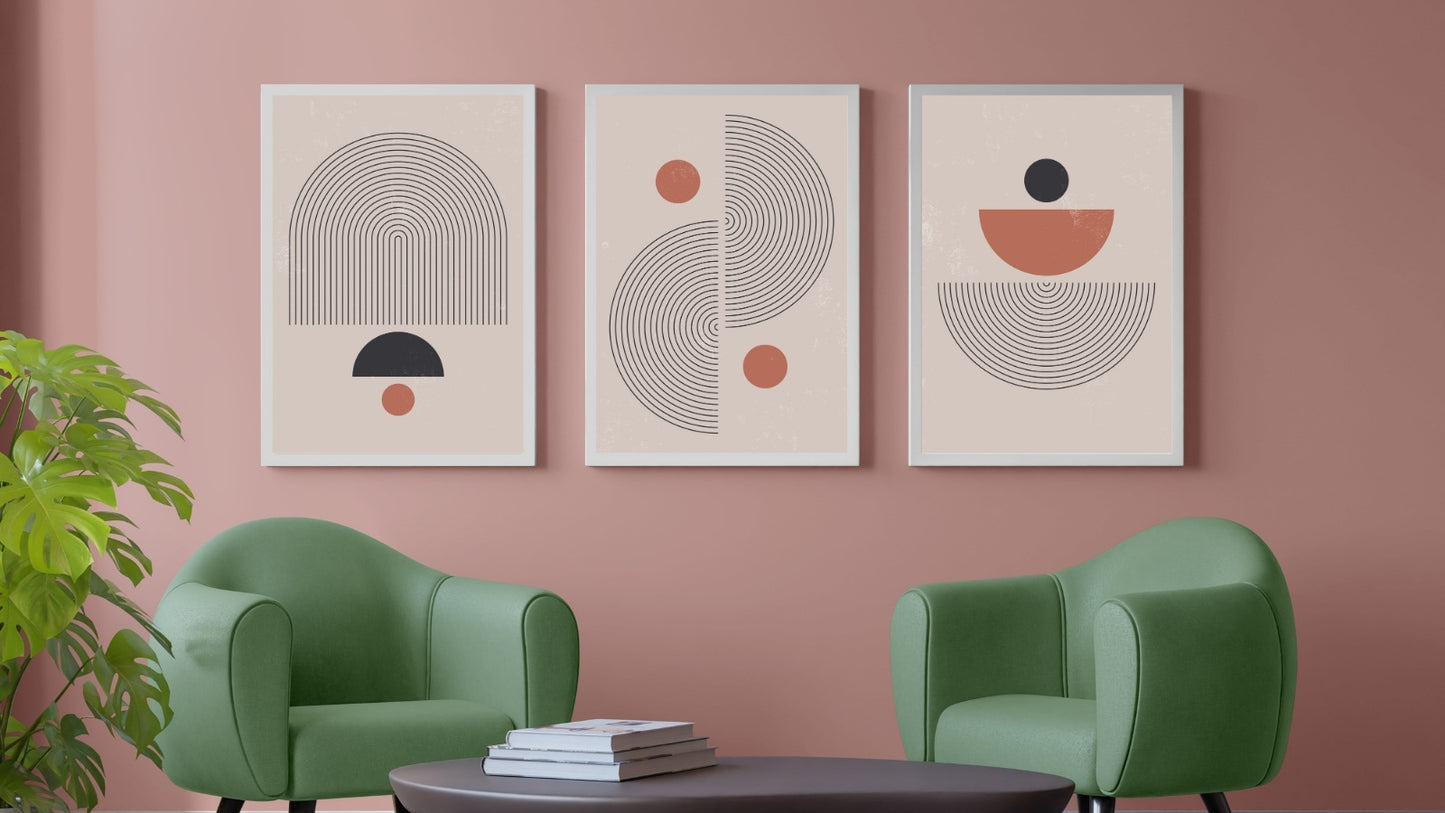 Abstract Mid Century Wall art with Geometric Shapes (Set of 3)