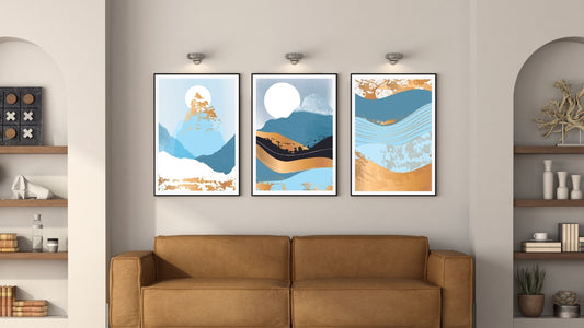 Earth Tones Landscapes with Moon, Sun and Gold Mountains(Set of 3)