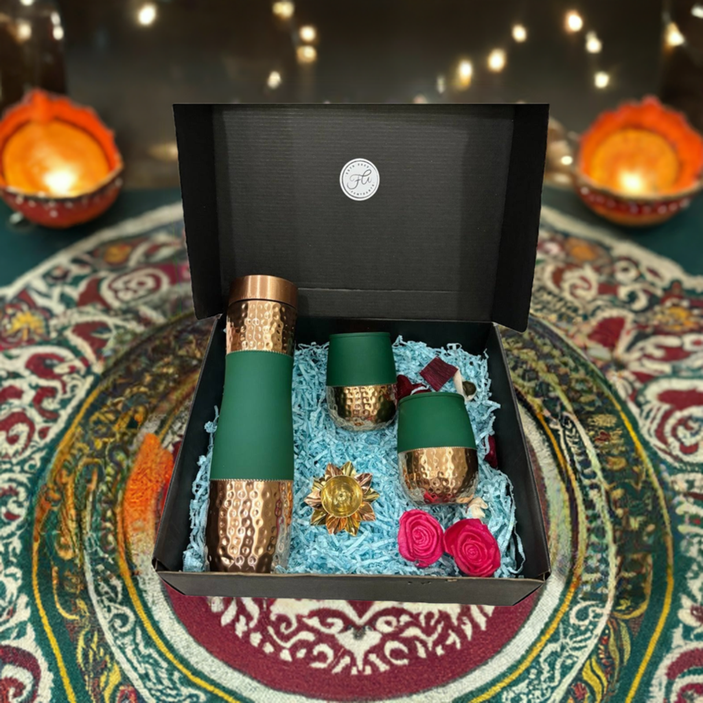 Velvet Green Copper Bottle Diwali Gift Set with Glasses & Brass Diya - Perfect Festive Gift for Family & Friends